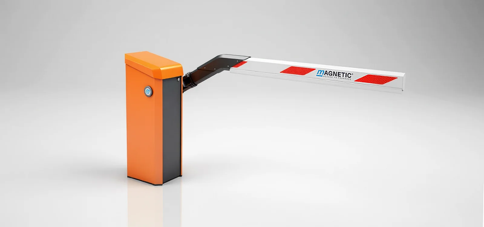 Magnetic Access Pro barrier gate with orange housing and straight striped boom