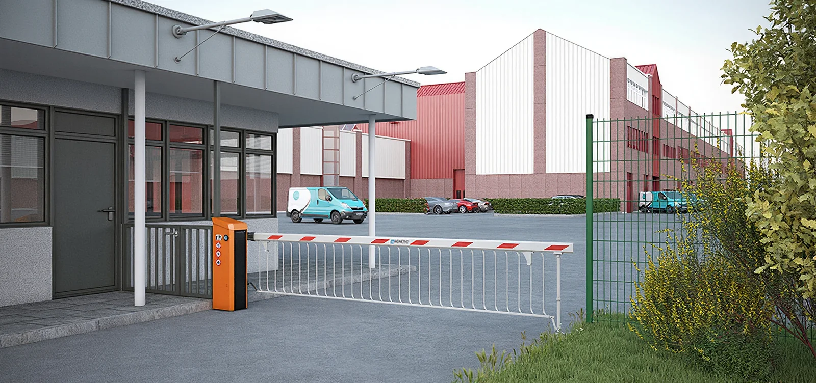 Magnetic Access Pro-H barrier gate with skirt at an industrial site gatehouse