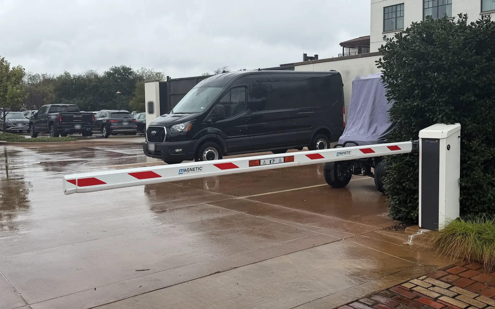 Magnetic barrier gate across a hotel parking entrance in Texas