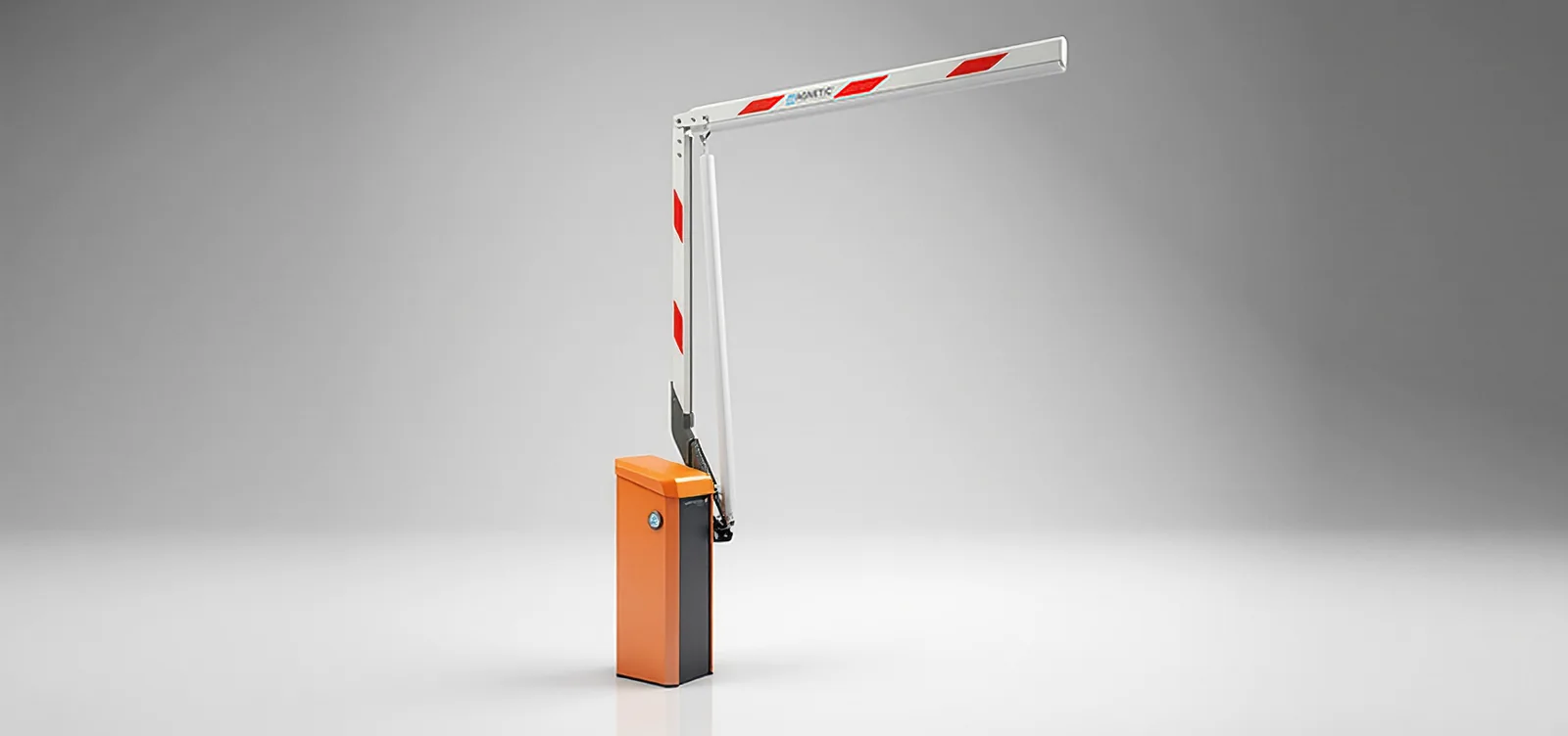 Parking Pro barrier gate operator with its arm raised, studio photo
