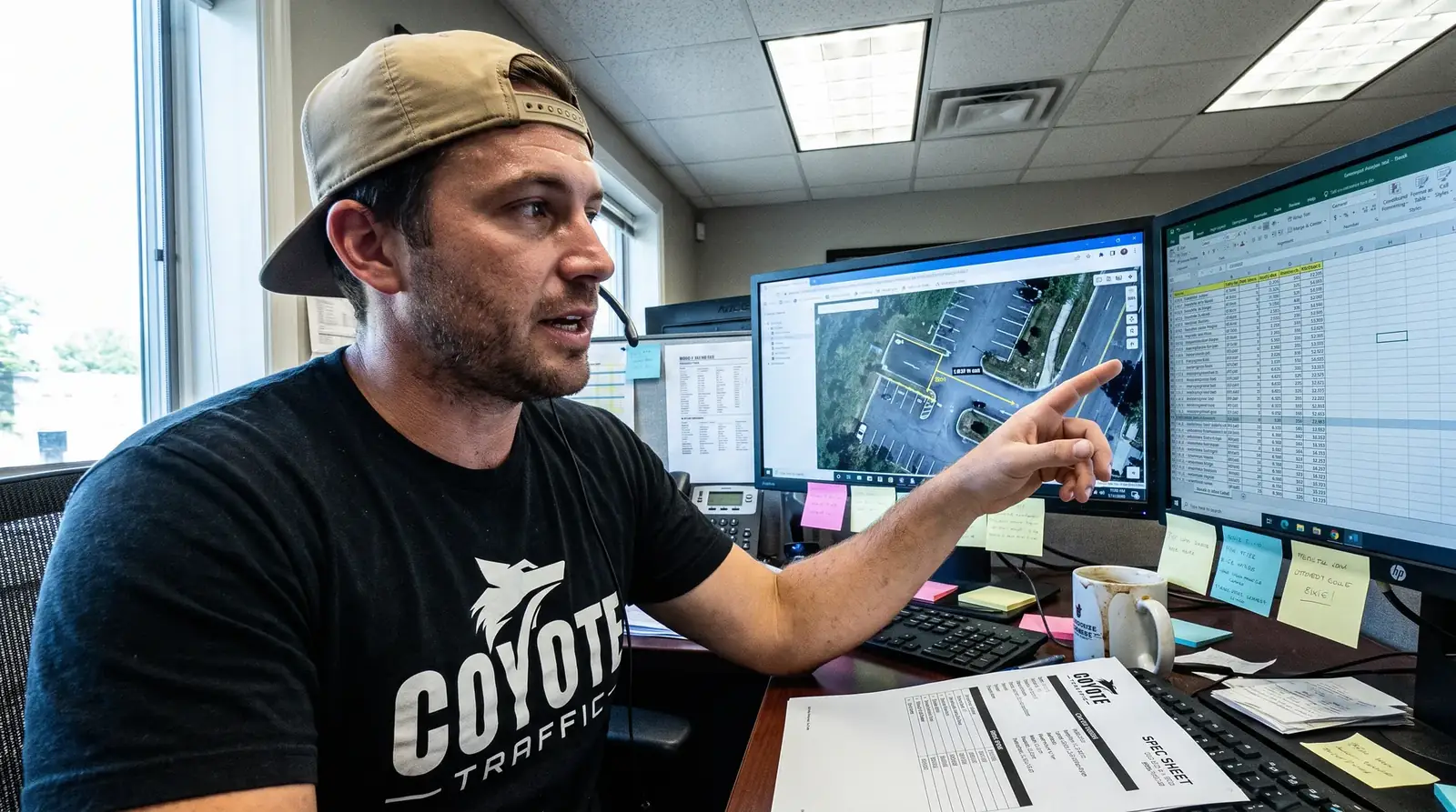 Coyote Traffic account manager pointing to a satellite layout of a gated entrance on his monitor