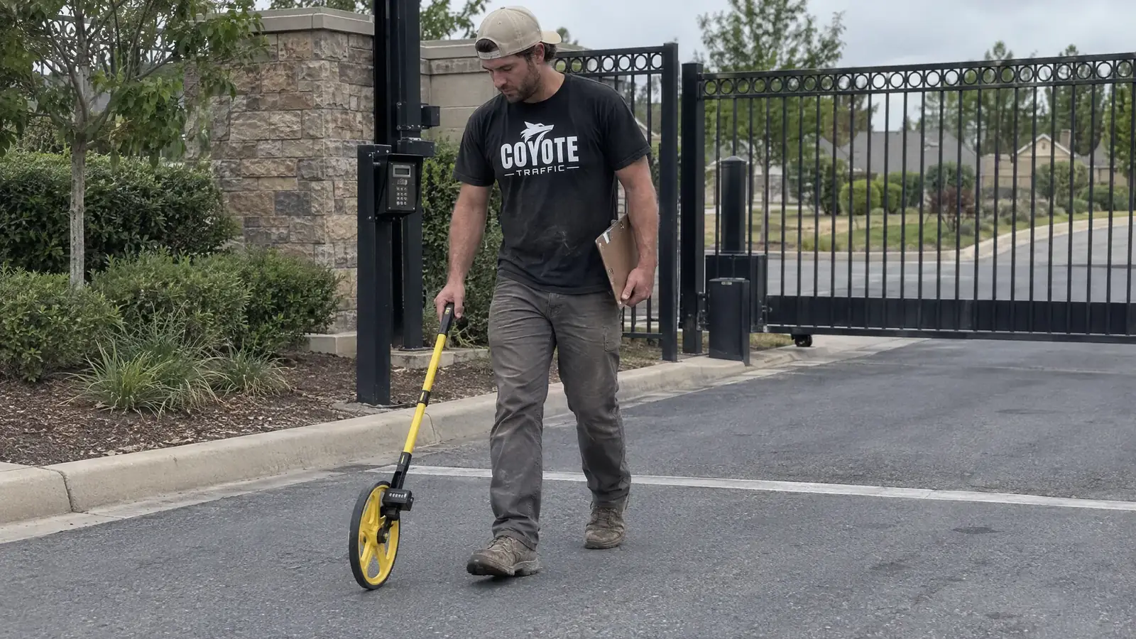 Coyote Traffic crew member measuring a gated entrance lane with a measuring wheel