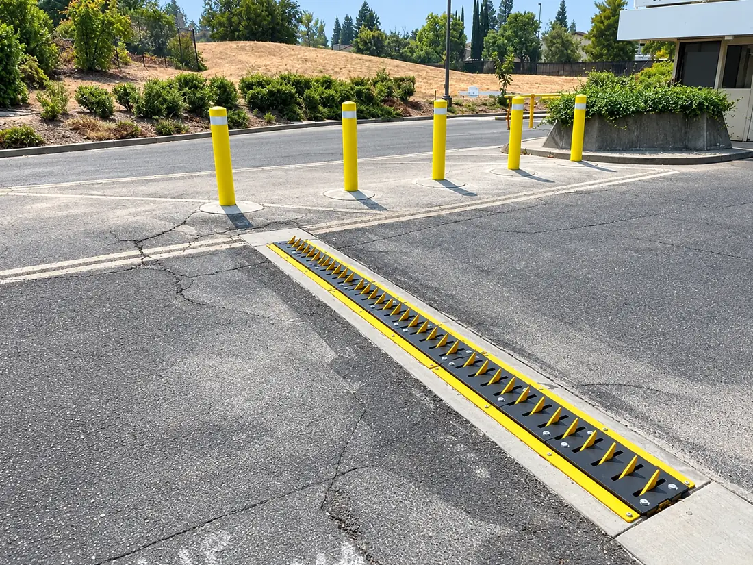 In-ground spikes set flush across an exit lane beside yellow bollards