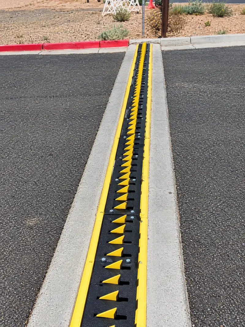 Long in-ground spike run set flush in a concrete strip across a park exit