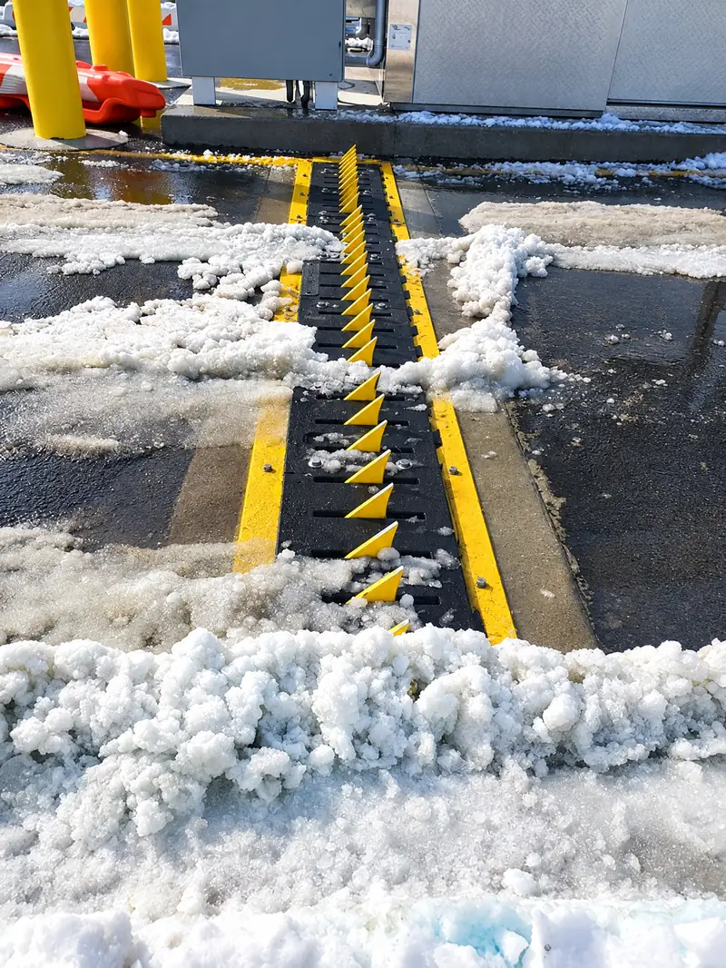 In-ground spikes in a freshly plowed lane with snow piled on both sides