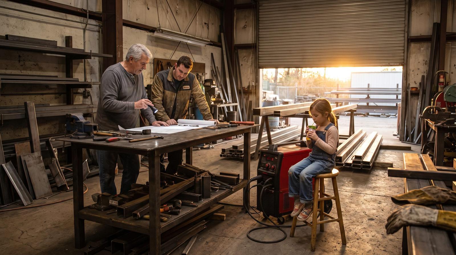 Father and son reviewing plans at a steel workbench in a family fabrication shop while a young girl watches from a stool