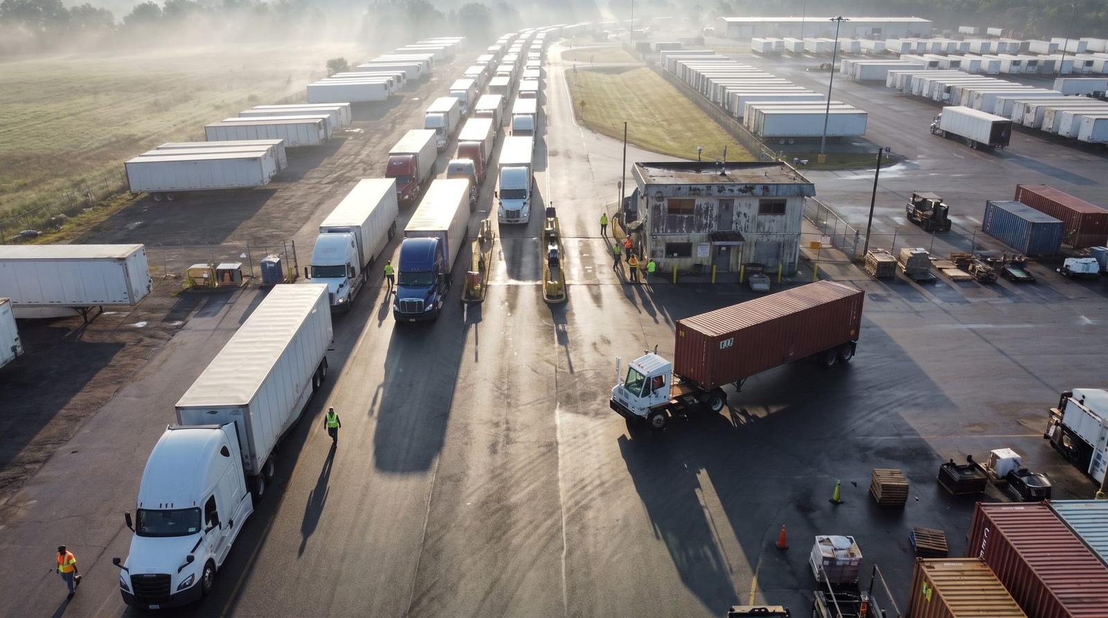 Aerial view of semi trucks queued at the guarded entry gate of a busy logistics yard at sunrise