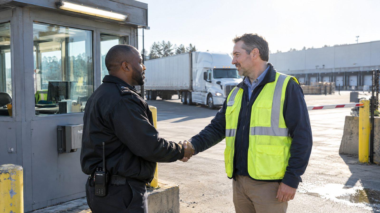 Gatehouse security officer shaking hands with a facility manager in a hi-vis vest at a distribution center entrance