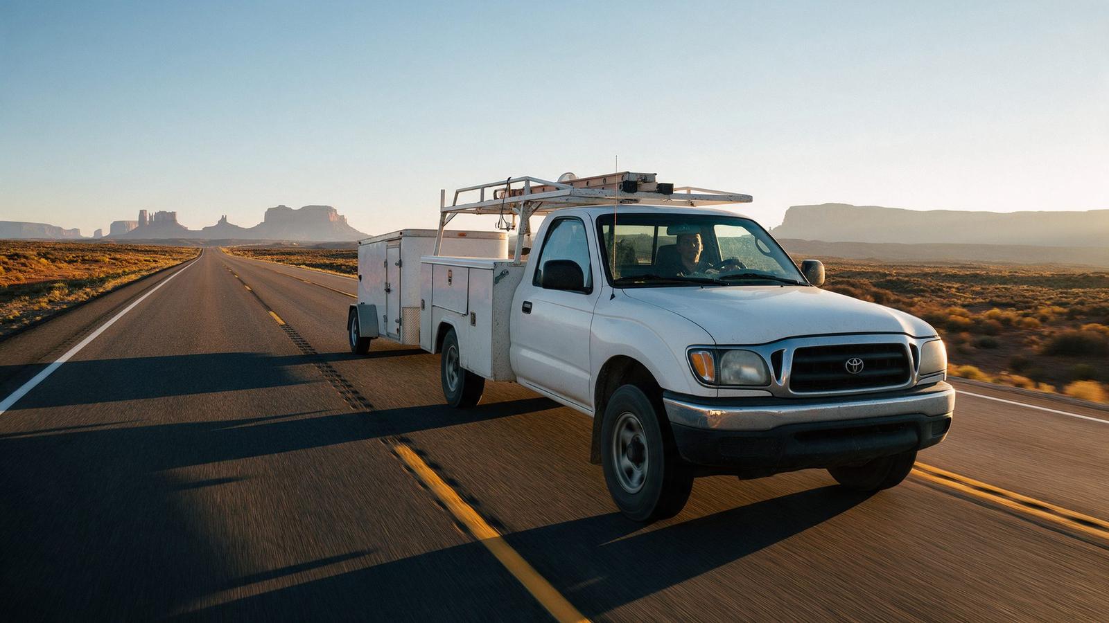 Installation crew utility truck driving a desert highway at sunrise