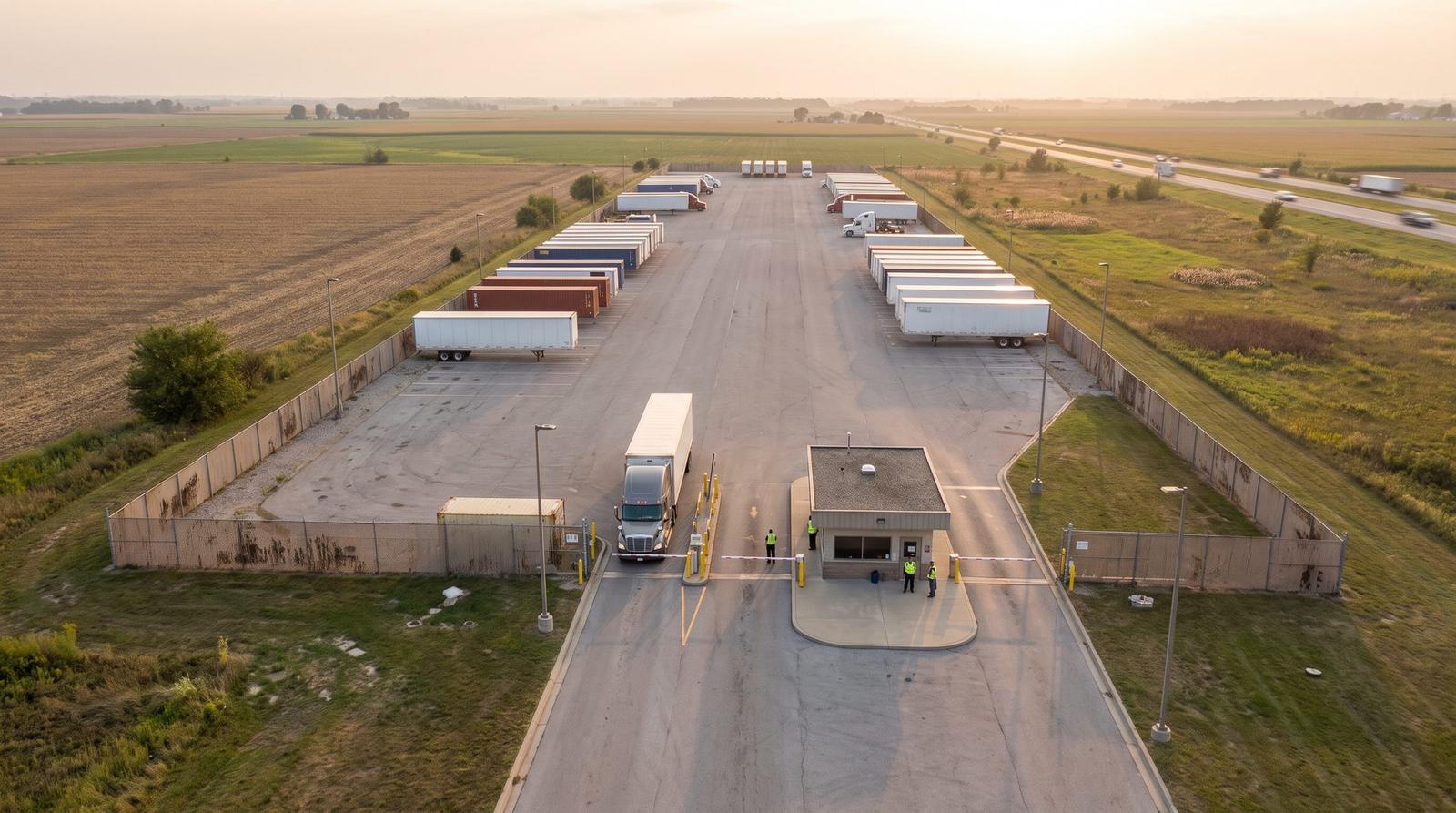 Aerial view of a fenced trailer yard in open farmland with a single guarded entry lane