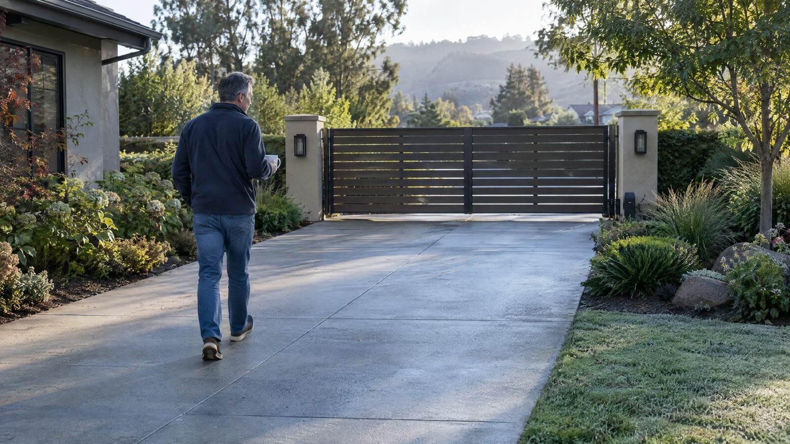 Homeowner walking down a long concrete driveway toward a modern automatic gate at sunrise