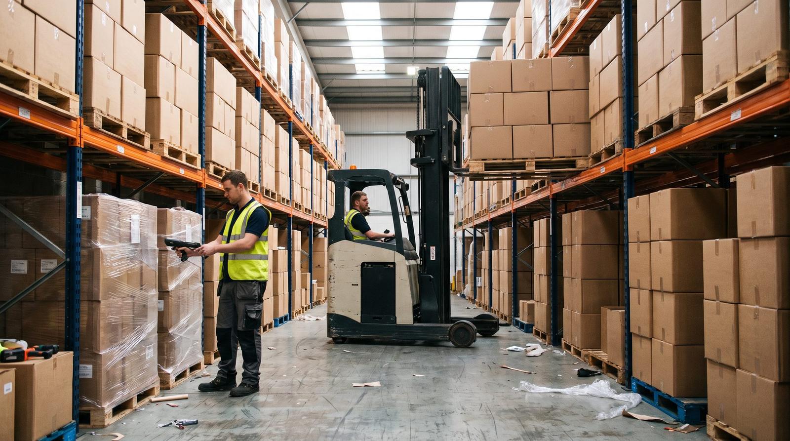 Warehouse associate scanning palletized stock while a forklift pulls orders from tall racking