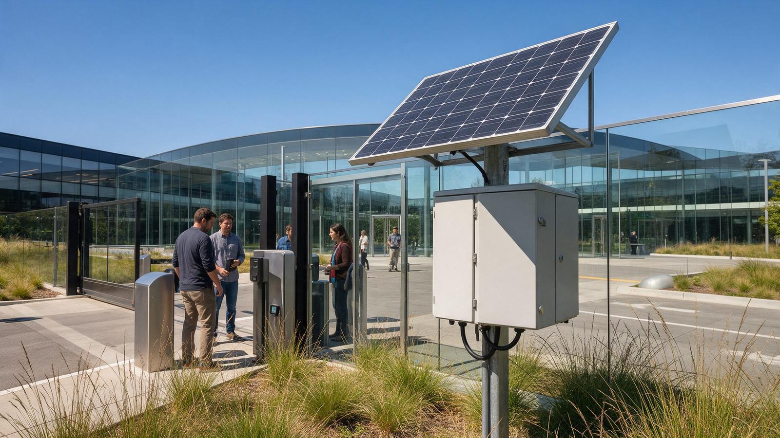 Solar-powered access control cabinet at the entrance of a modern glass corporate campus