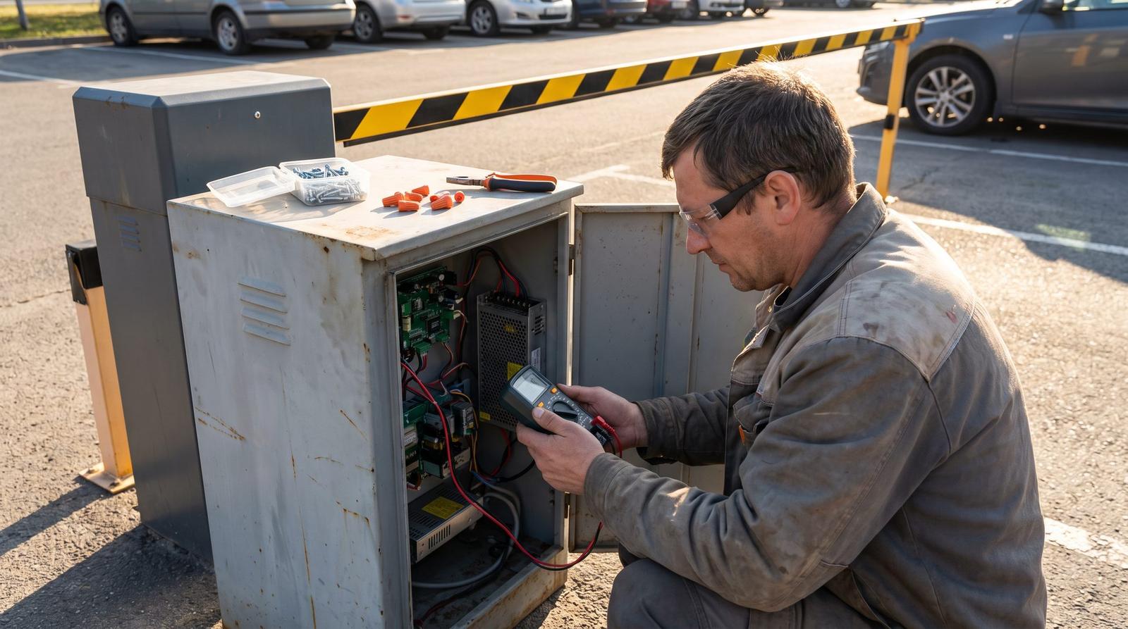 Technician testing the controller board inside an open gate-arm cabinet with a multimeter