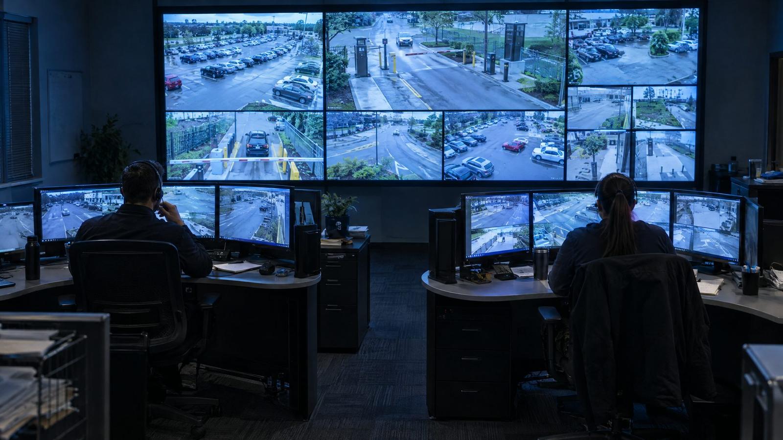 Security operations center with operators monitoring a video wall of parking and gate cameras