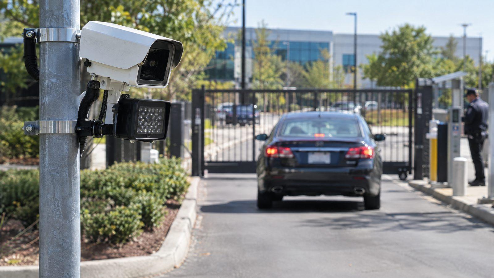 License plate recognition camera and infrared illuminator on a pole beside a gated corporate entry lane