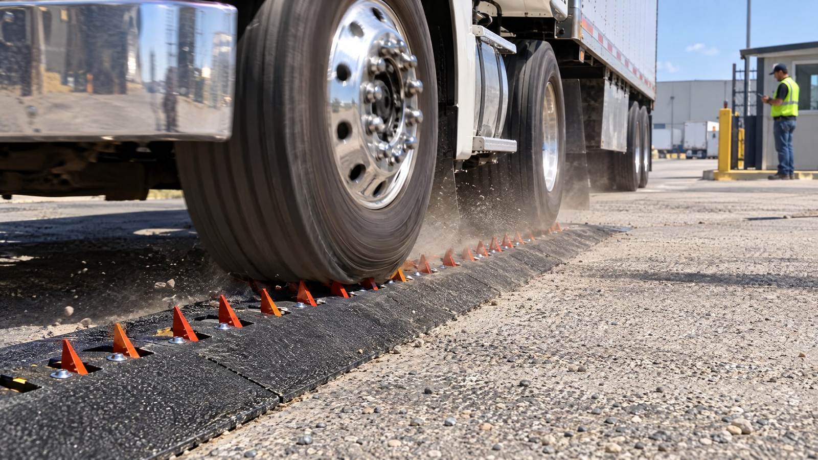Loaded semi truck tire rolling over a black and orange Coyote traffic spike unit at a freight yard gate