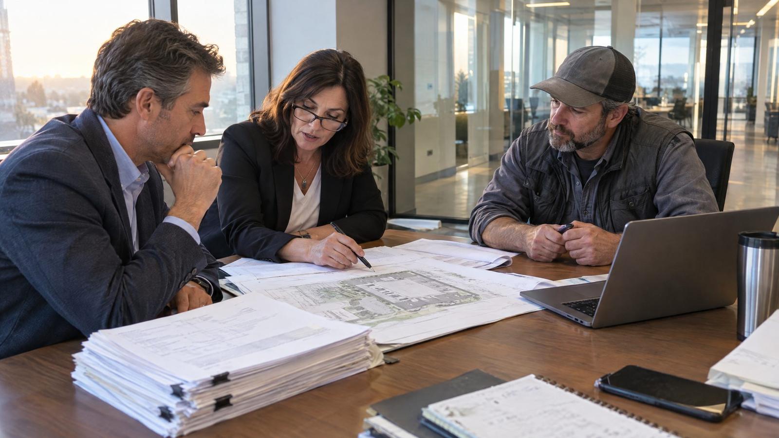 Property owner, attorney and contractor reviewing site plans and permit documents at a conference table