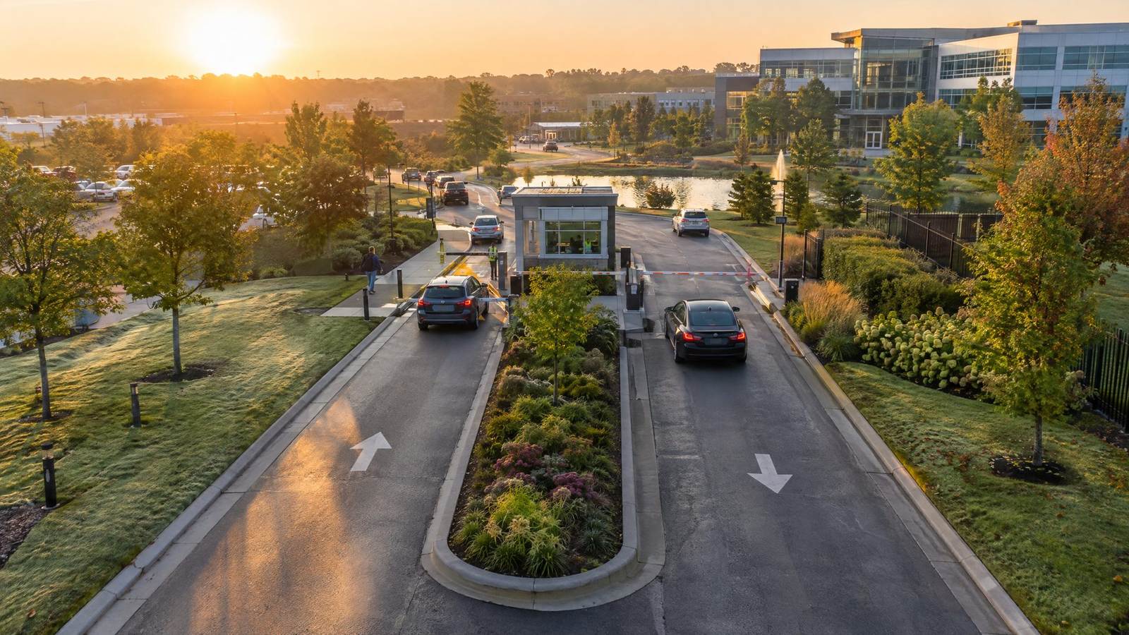 Aerial view of a guarded corporate campus entry at golden hour with split inbound and outbound lanes