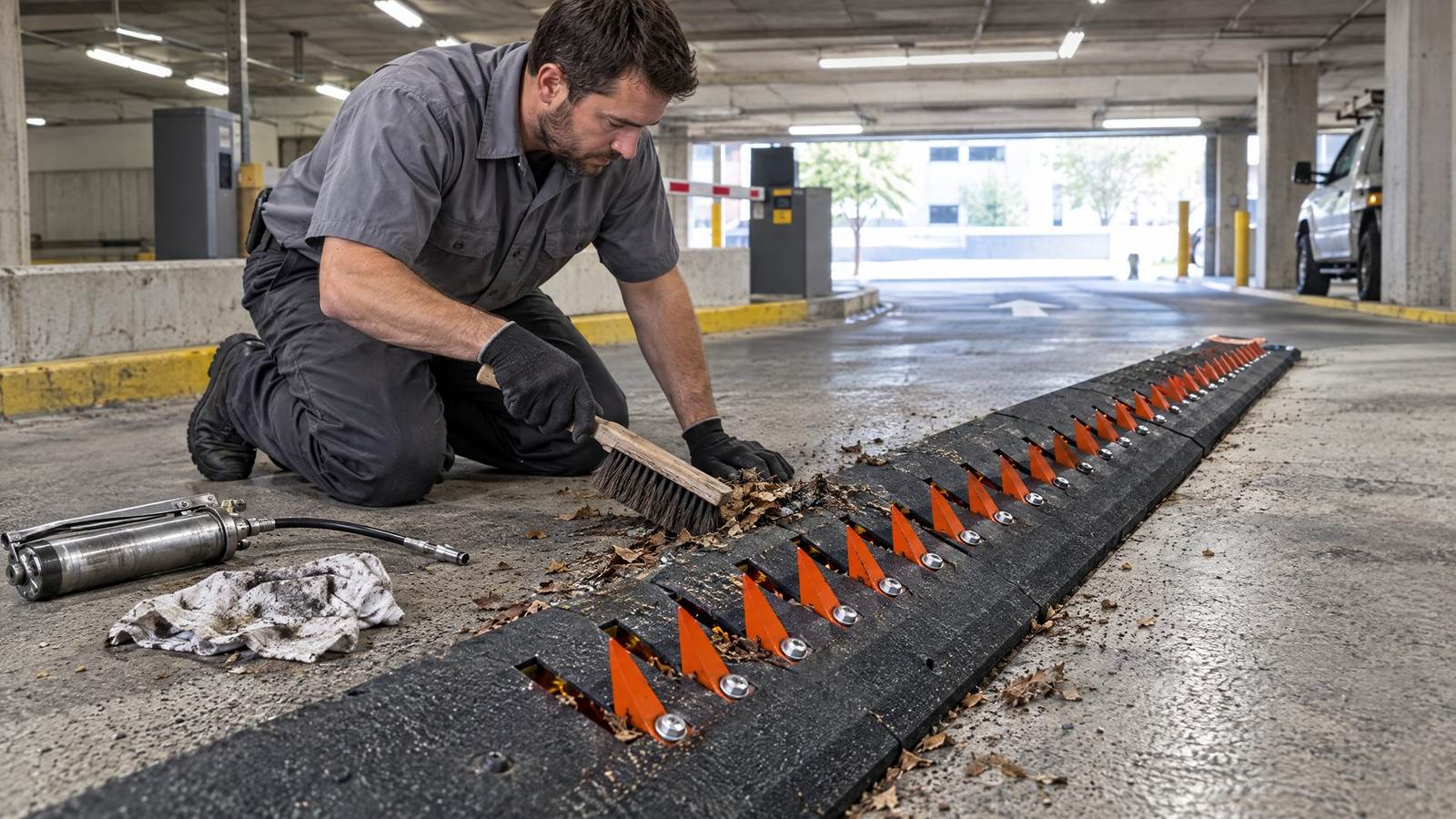 Technician kneeling in a parking garage brushing leaves and grit out of a traffic spike unit