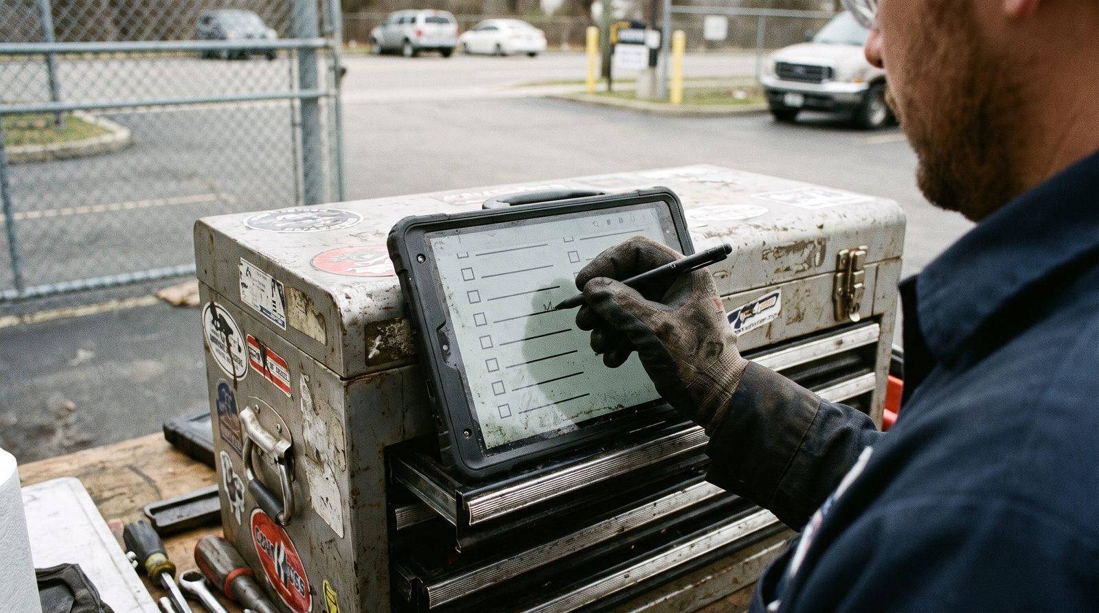 Gloved technician filling out a digital inspection checklist on a tablet resting on a toolbox