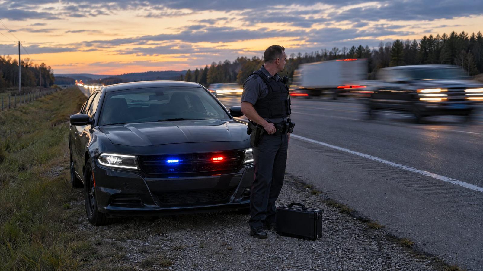 Police officer standing beside an unmarked patrol car on a highway shoulder at dusk
