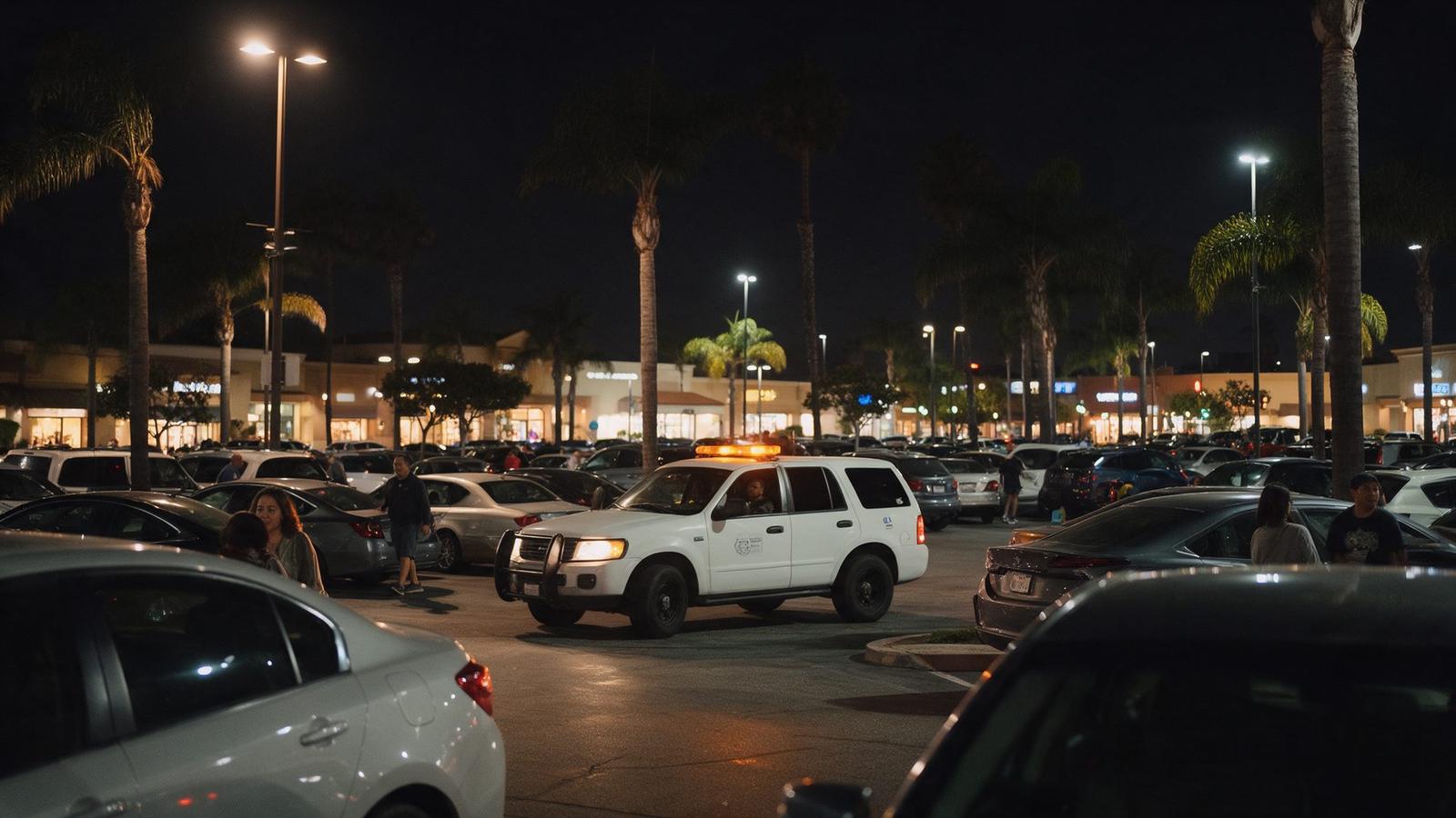 Security patrol SUV moving through a busy California shopping center parking lot at night
