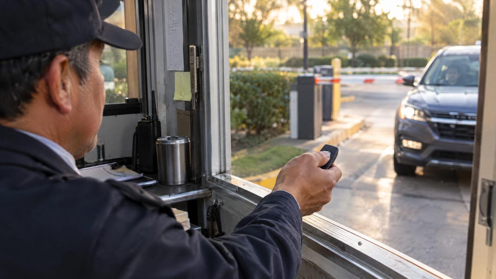 Gatehouse guard raising a remote toward an approaching vehicle at a controlled entry lane