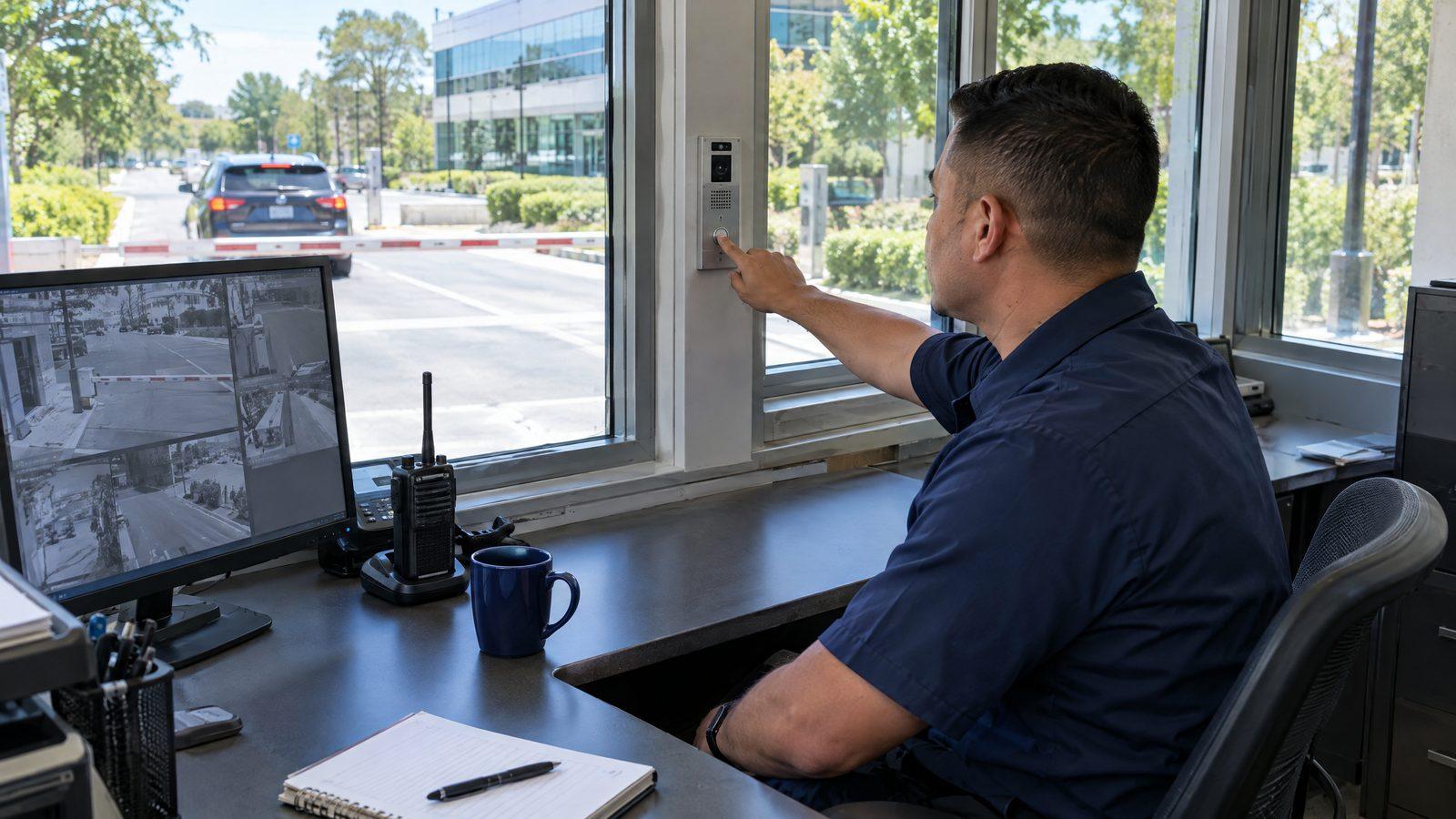 Security officer pressing an access control button in a corporate gatehouse while watching the entry lane