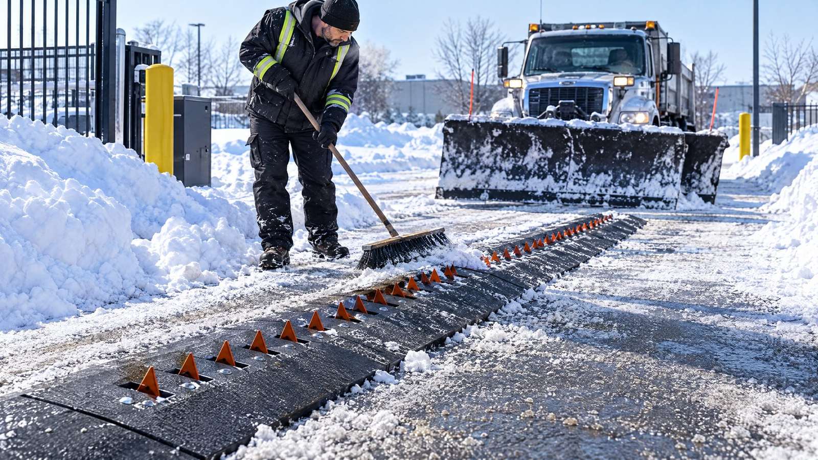 Worker sweeping snow off a traffic spike unit as a plow truck clears a commercial entrance