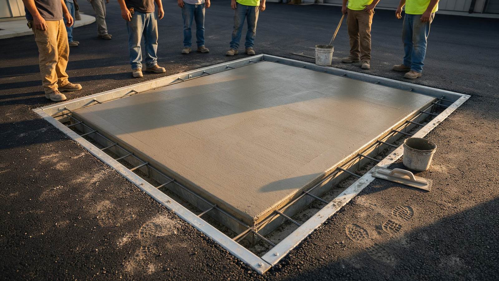 Crew standing around a freshly poured concrete pad for a flush-mount installation