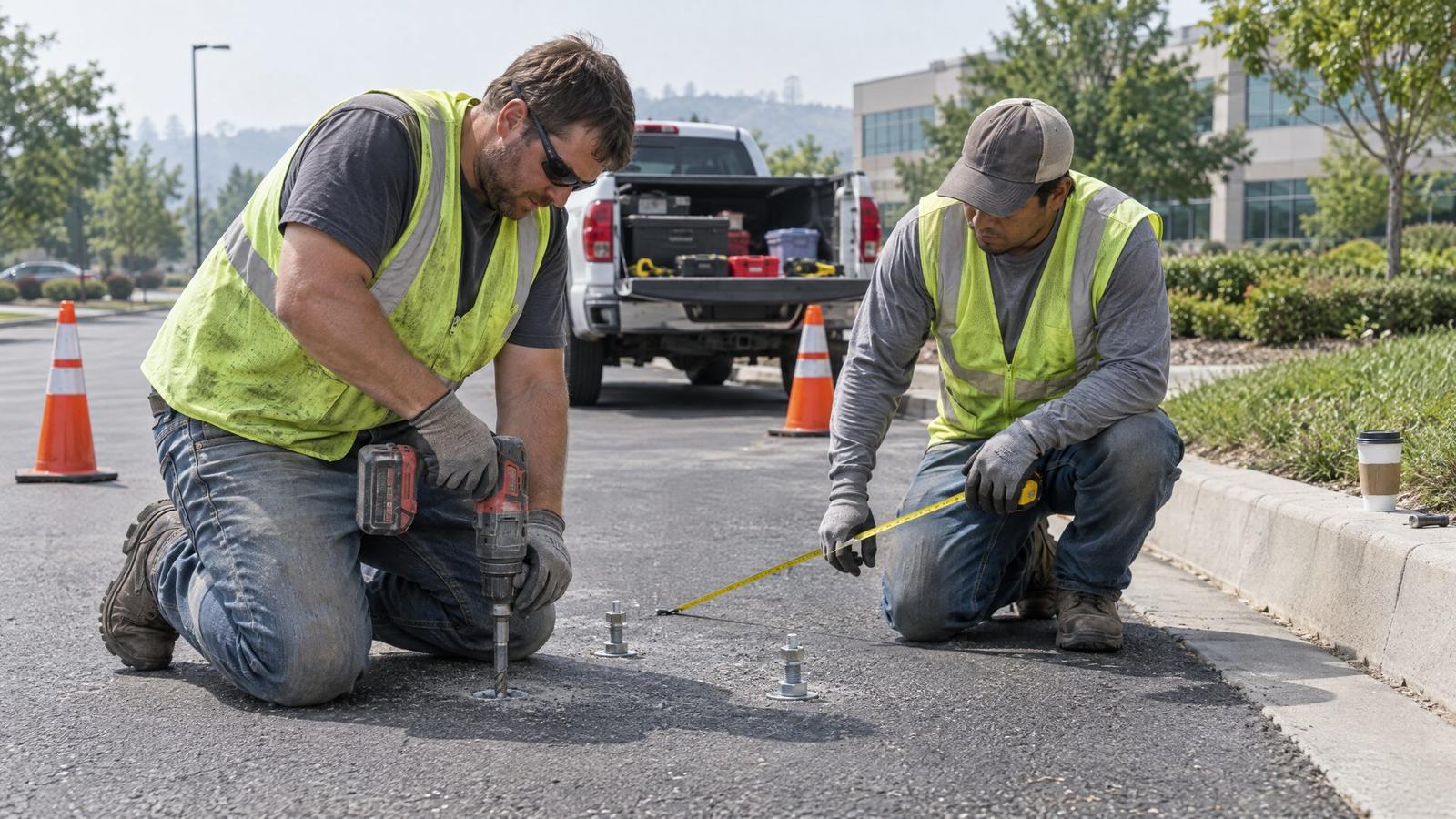 Two installers drilling anchor holes and measuring spacing for a surface-mount traffic spike installation