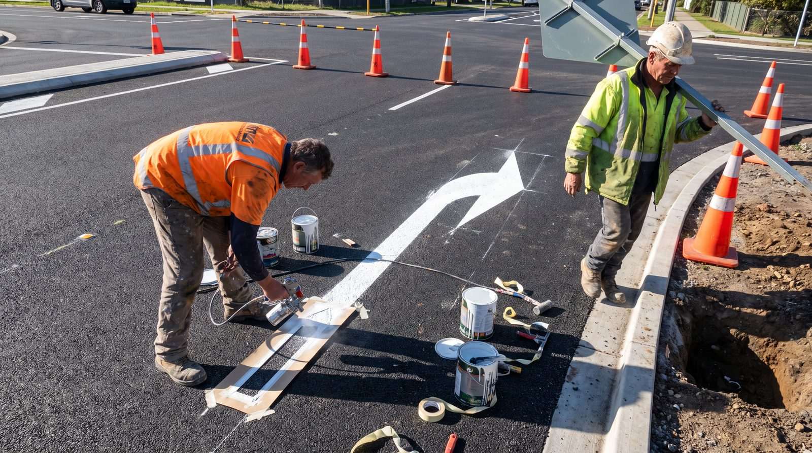 Road crew painting a directional arrow on fresh asphalt beside a coned-off work zone