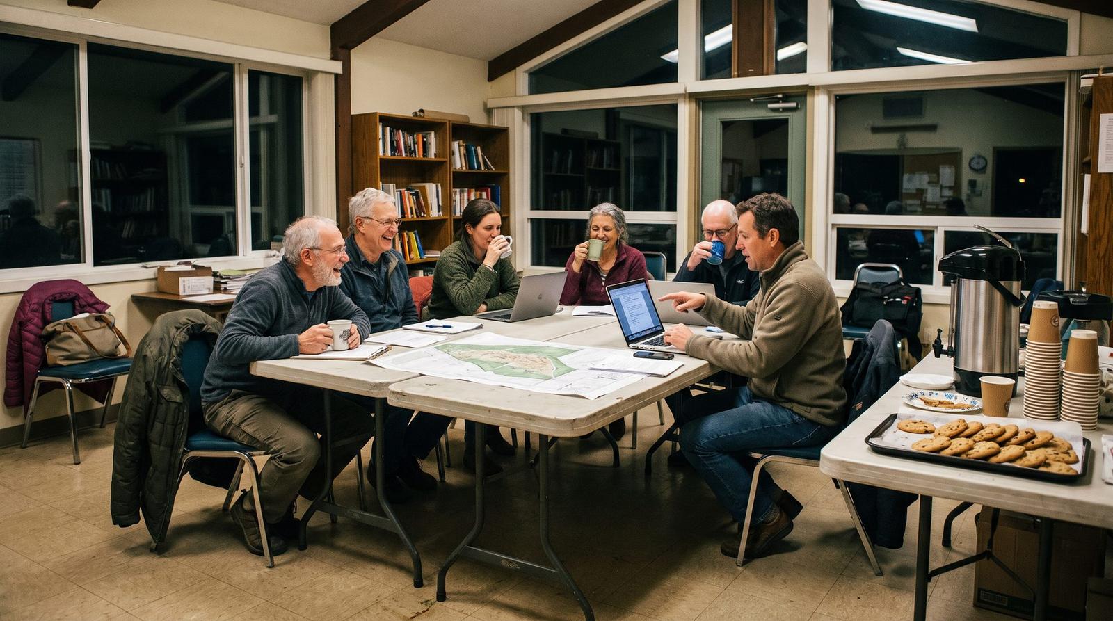 HOA board members reviewing a site map and security proposal at a community clubhouse meeting