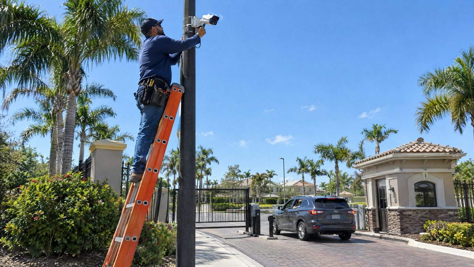 Technician on a ladder installing a security camera at a gated community entrance with a guardhouse