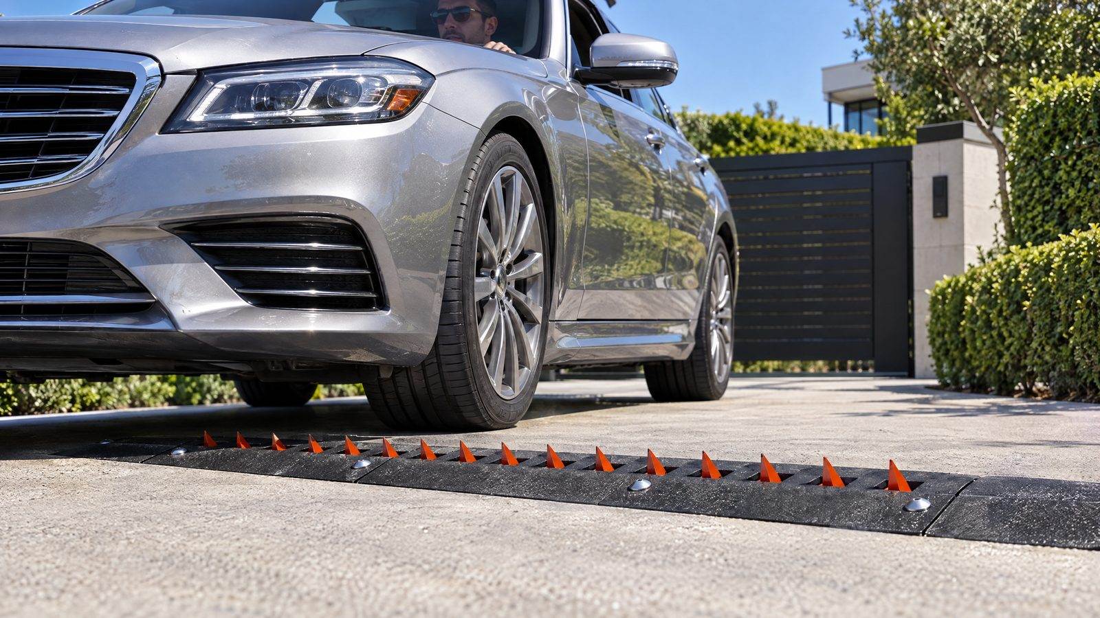 Luxury sedan approaching a surface-mount traffic spike strip at a private estate gate