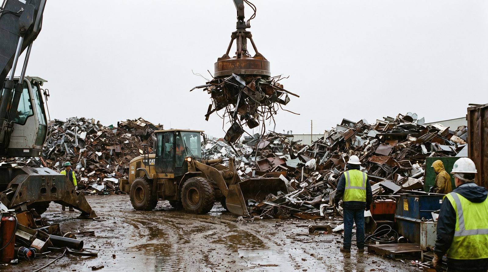 Magnet crane sorting scrap steel at a recycling yard as workers in hi-vis look on