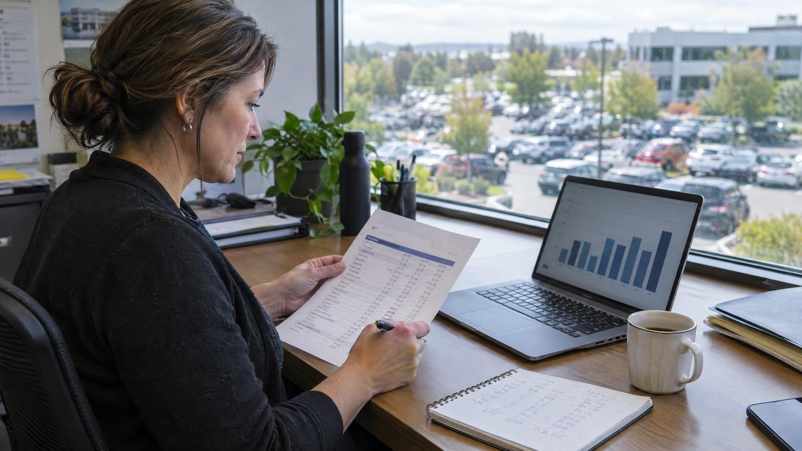 Facility manager reviewing a cost spreadsheet at her desk overlooking a large parking lot