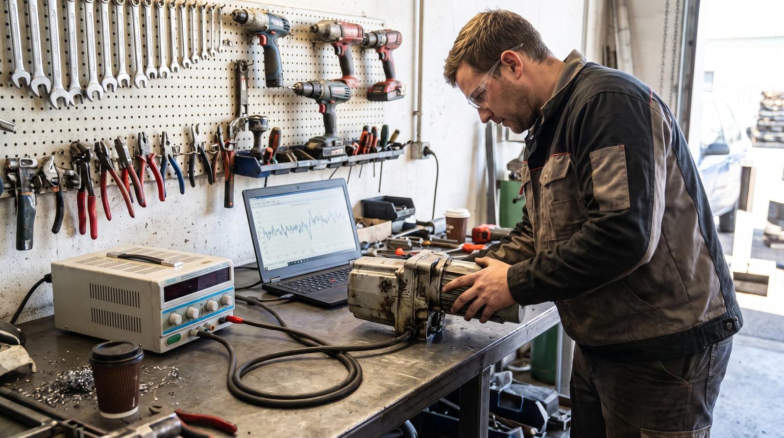 Engineer bench-testing a motor drive unit in a workshop lined with tools