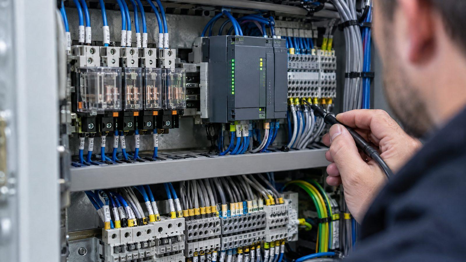 Electrician working on relays and a controller inside a motorized barrier control panel