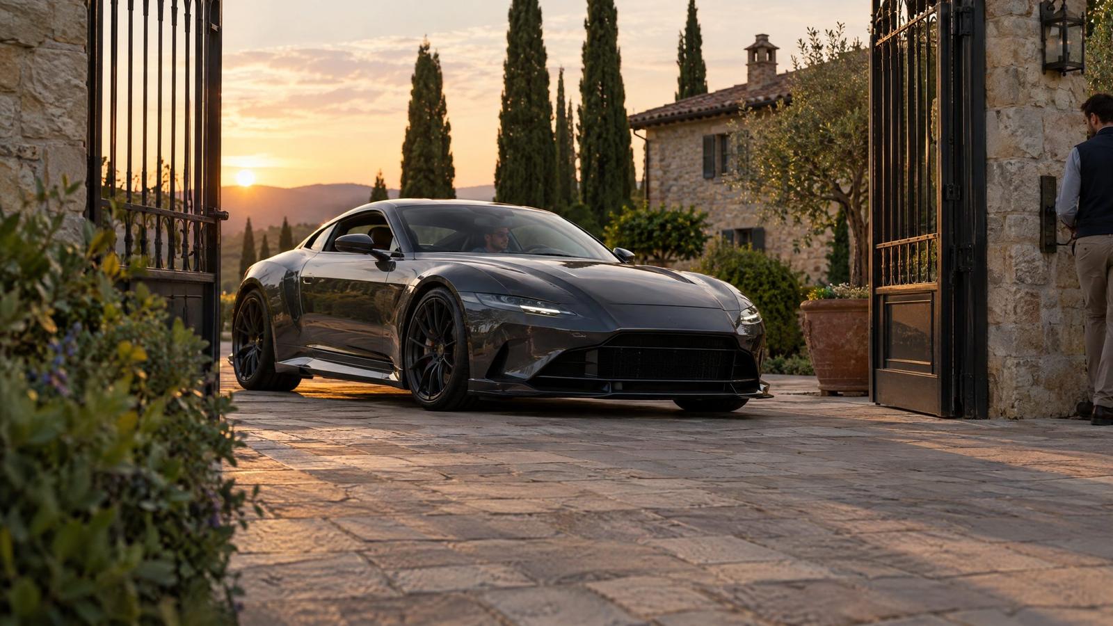 Low-slung sports car at the gate of a Mediterranean estate at sunset