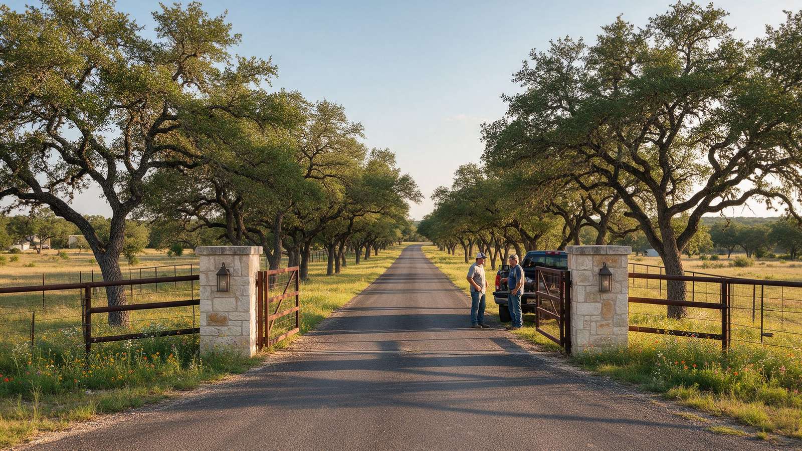 Long ranch driveway lined with live oaks leading to a stone-pillared entrance gate