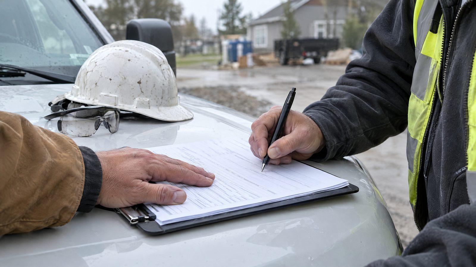 Property owner signing an installation agreement on a truck hood next to a contractor's hard hat