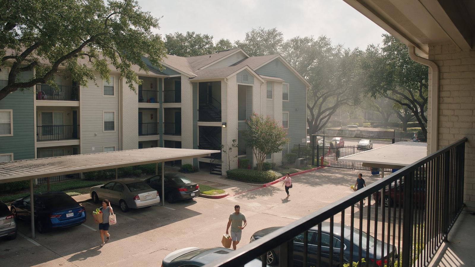 View from an apartment balcony over covered resident parking and the complex's gated entrance