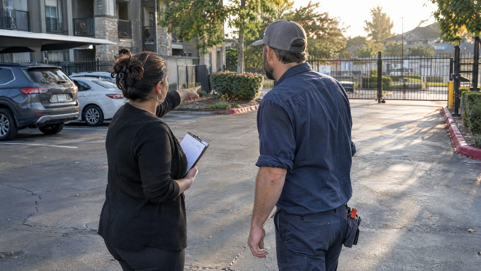 Apartment property manager pointing out the exit gate to a contractor during a site walk