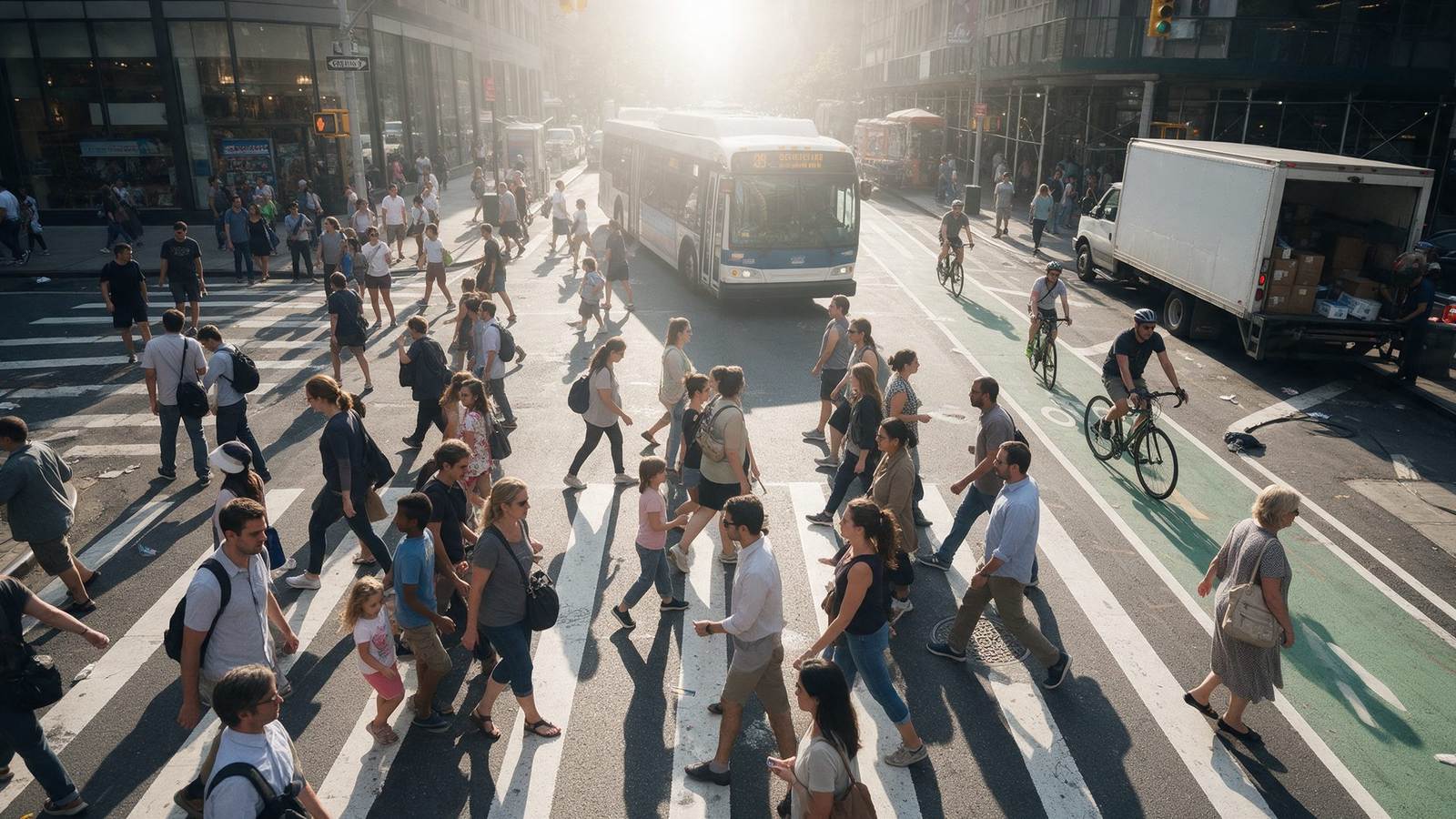 Crowded city crosswalk with pedestrians, cyclists, a transit bus and a delivery truck