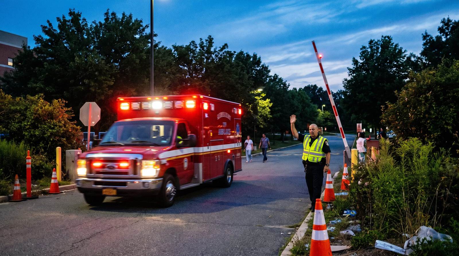 Ambulance with lights on passing through an access-controlled gate at dusk as a guard waves it through