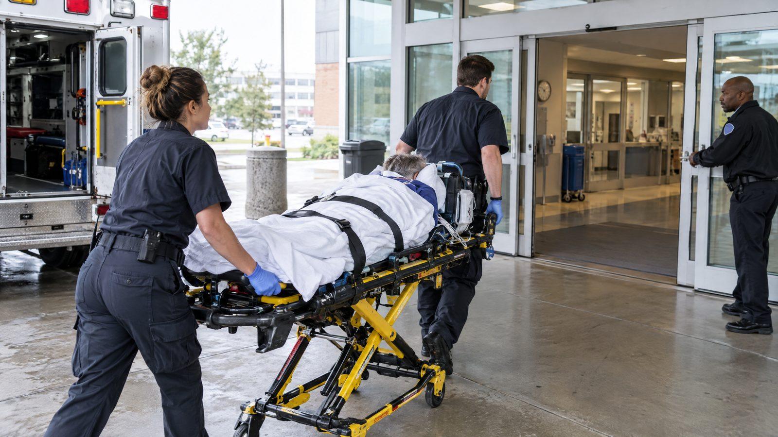 Paramedics wheeling a patient on a stretcher into a hospital emergency entrance