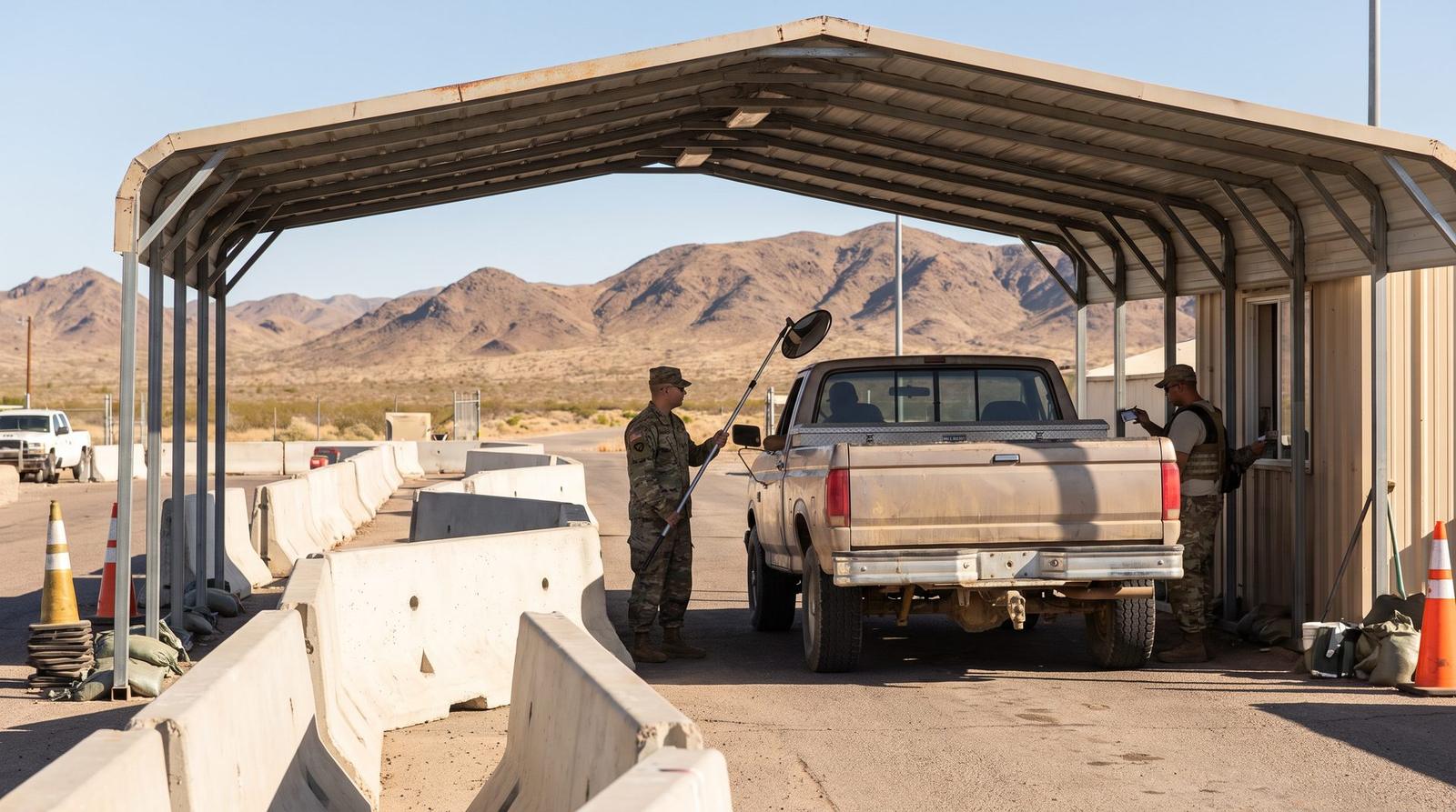 Soldiers inspecting a pickup truck at a desert base entry control point with jersey barriers