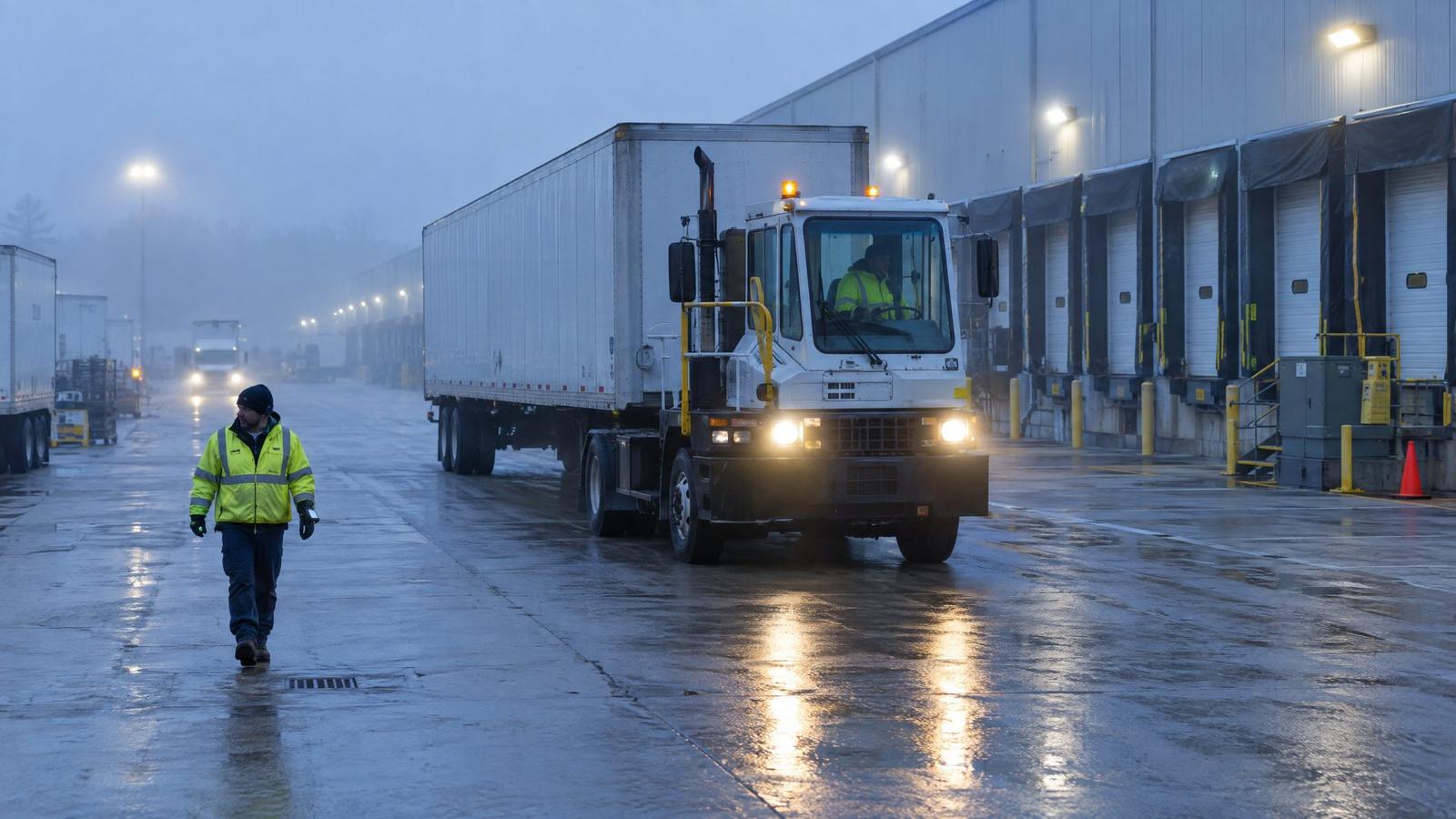 Yard truck pulling a trailer past loading docks at a distribution center on a rainy dawn